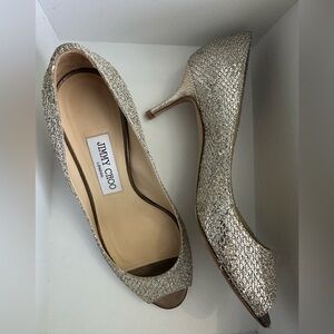 Jimmy Choo Isabelle GFA Champagne Glitter Open Toe Pump Heels Shoes 36.5 / 6.5